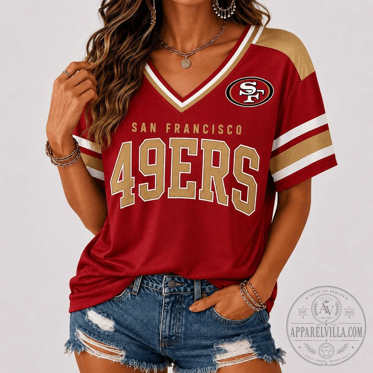 San Francisco 49ers NFL Football Team Red V-Neck Game Day Jersey for Women