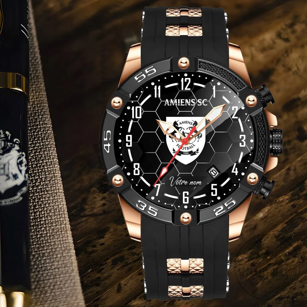 Amiens SC Football Club Logo Black and Rose Gold Sports Watch