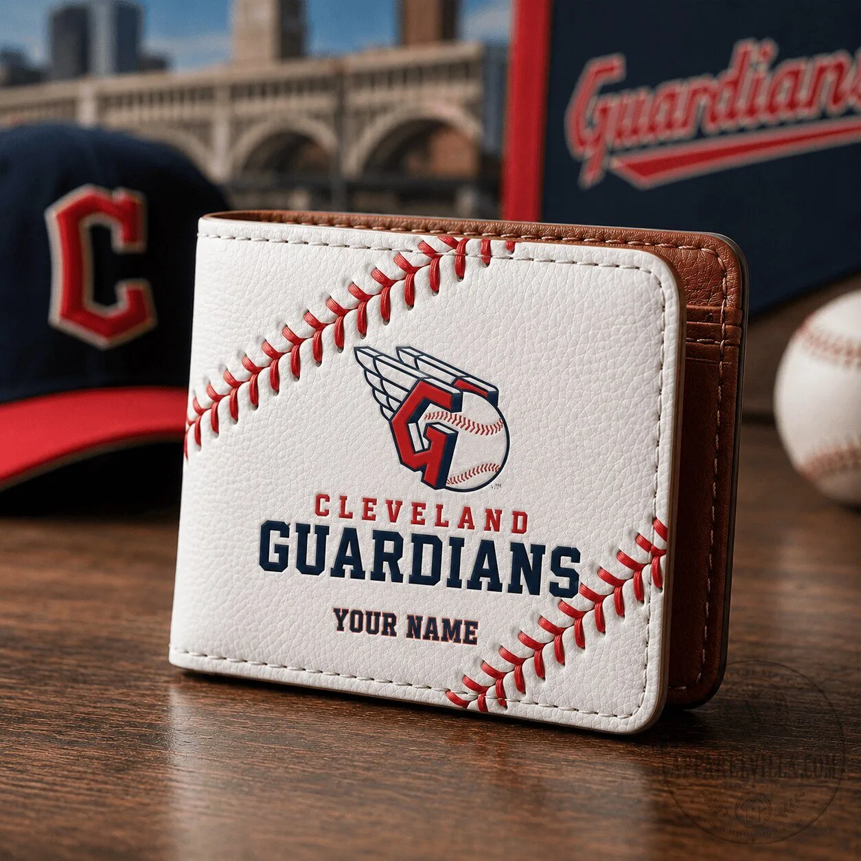 Cleveland Guardians Baseball Stitch White Leather Wallet Custom Name Gift