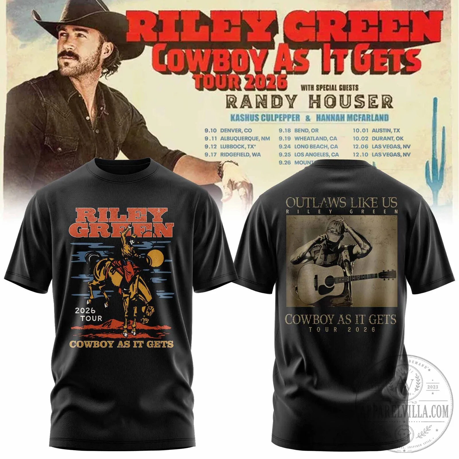 Riley Green Cowboy As It Gets 2026 Tour Black T-Shirt