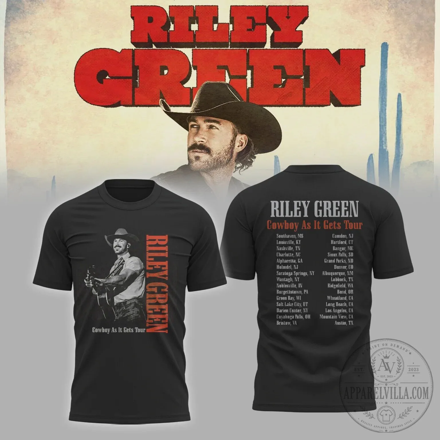Black T-Shirt for Riley Green's 2026 Cowboy As It Gets Tour Concert Schedule