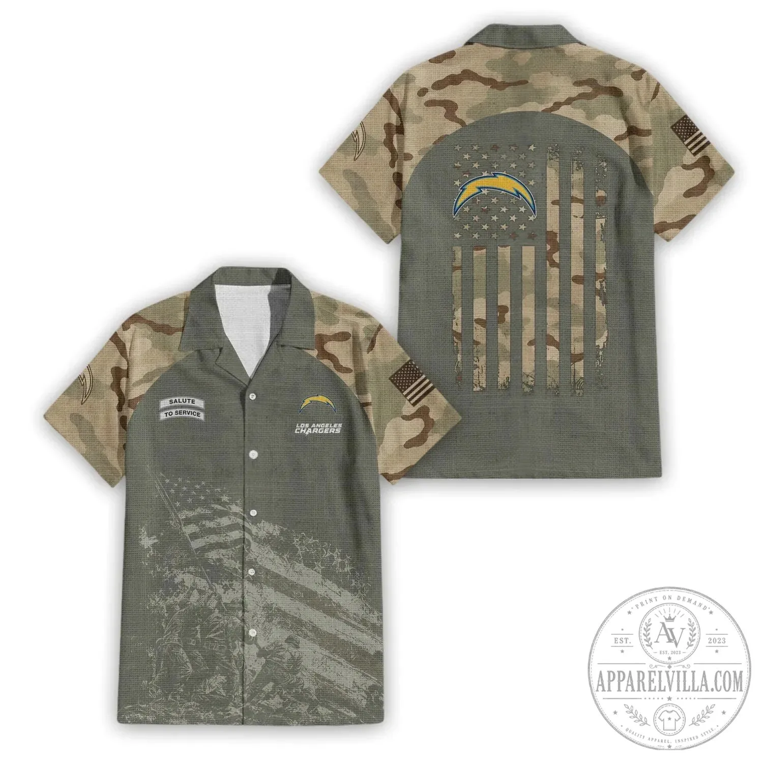 Hawaiian Shirt in Military Camouflage for Los Angeles Chargers Salute To Service