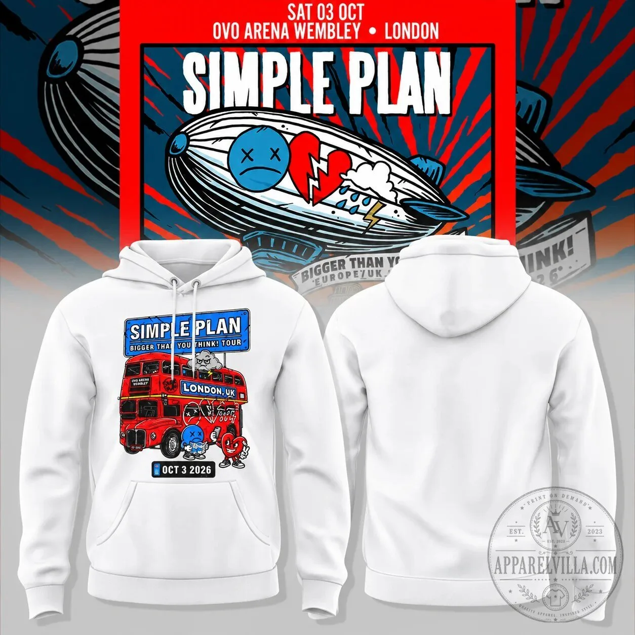 2026 London Concert Hoodie for Simple Plan's Bigger Than You Think Tour