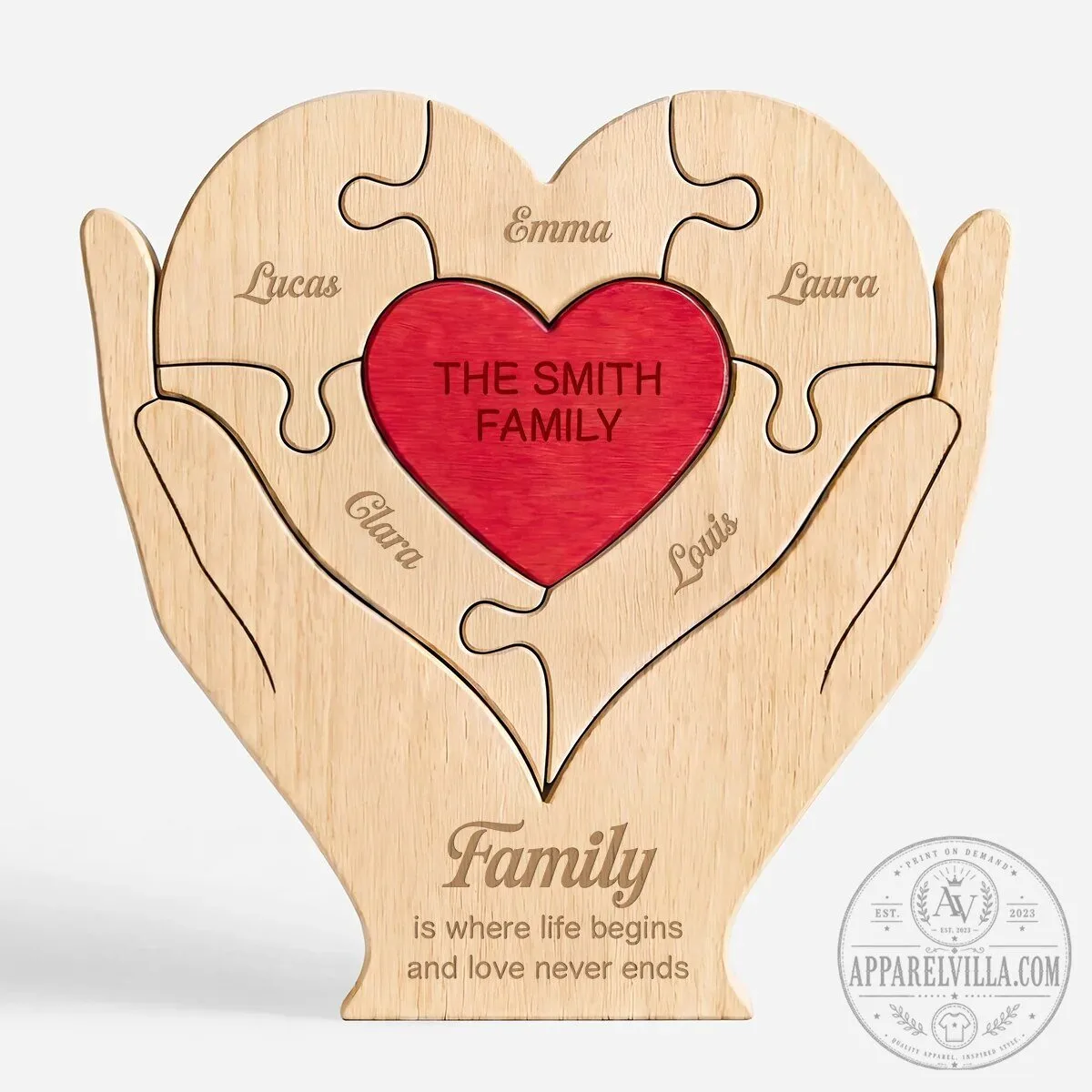 Personalized Family Hands Heart Wooden Puzzle with Custom Names and Engraving