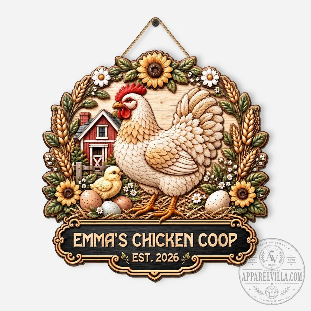 Personalized Chicken Coop Farmhouse Welcome Sign with Rooster and Chicks