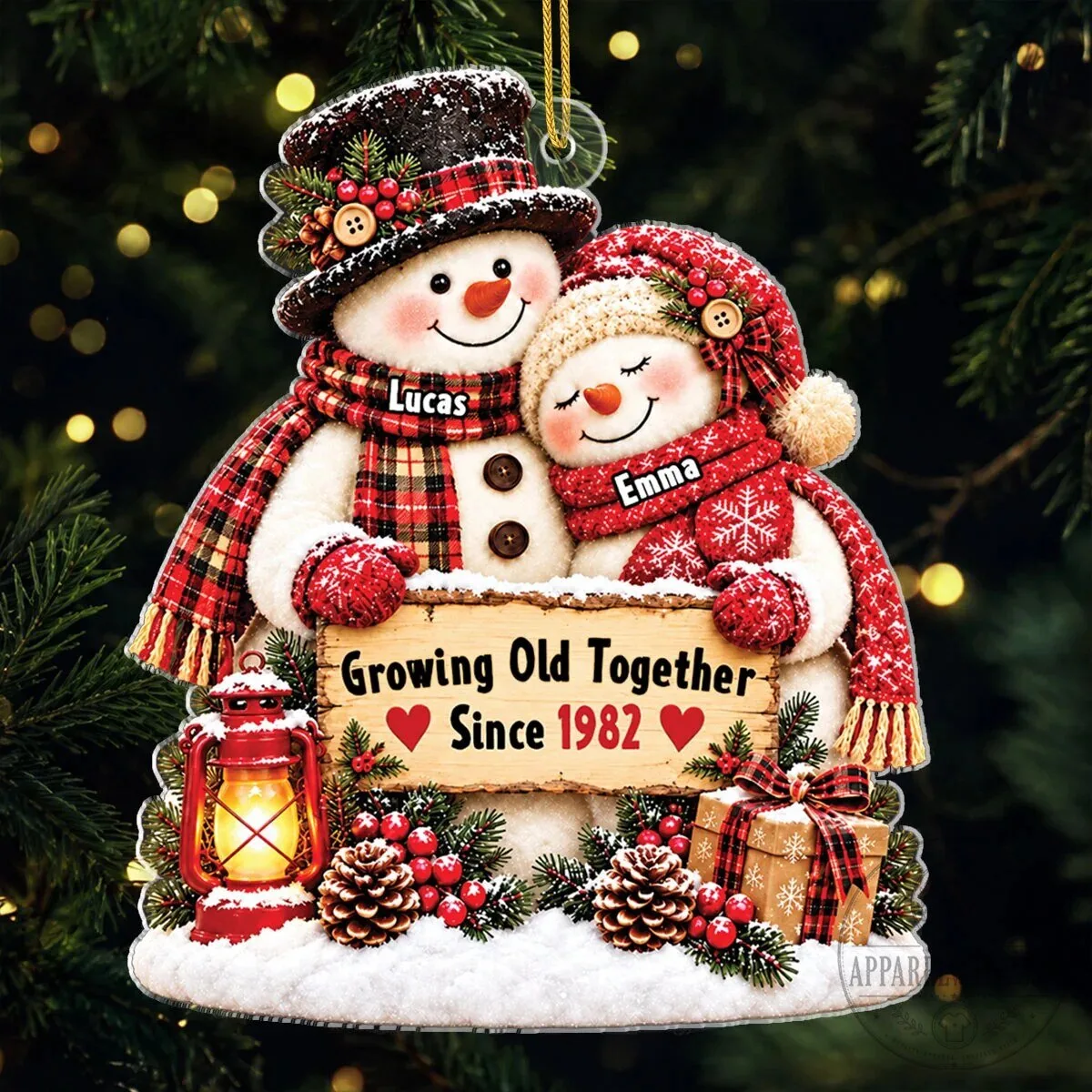 Customizable Christmas Tree Ornament of a Snowman Pair Aging Together