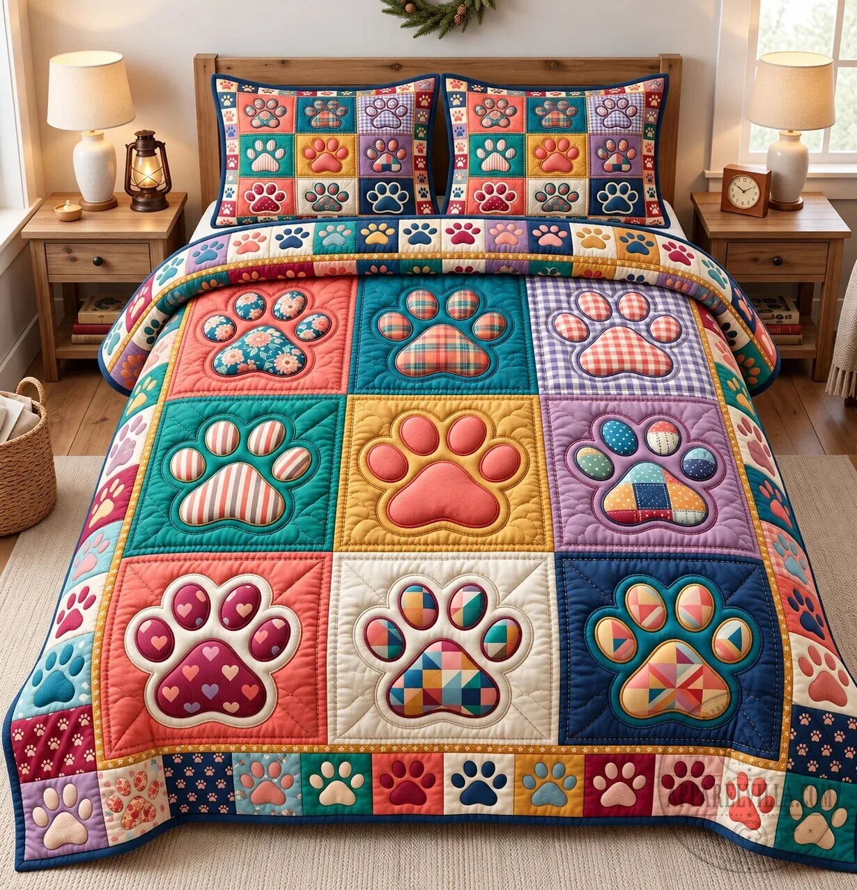 Colorful Paw Print Patchwork Quilted Bedding Set with Pillow Shams