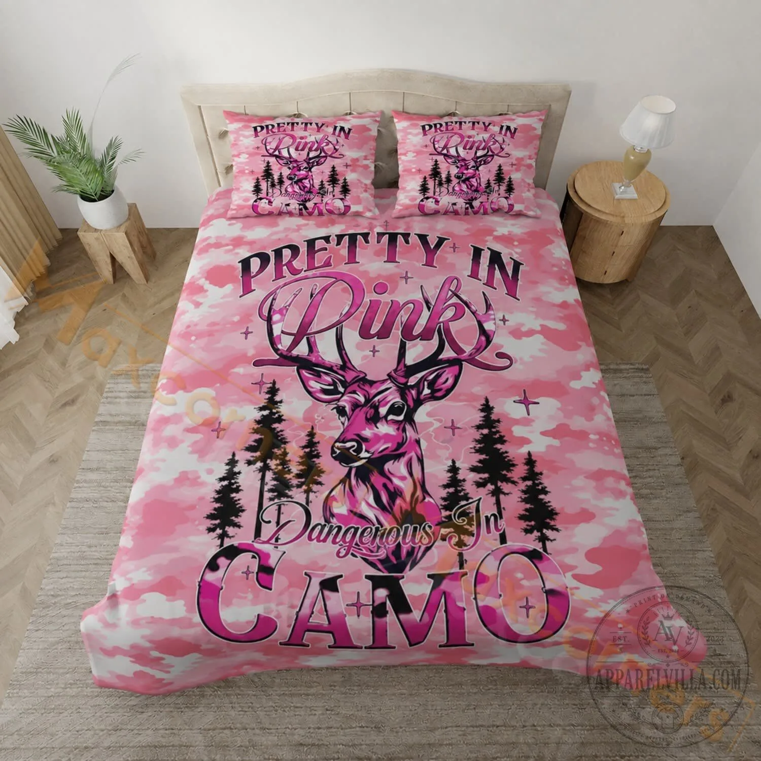 Pretty In Pink Dangerous In Camo Deer Hunting Bedding Set