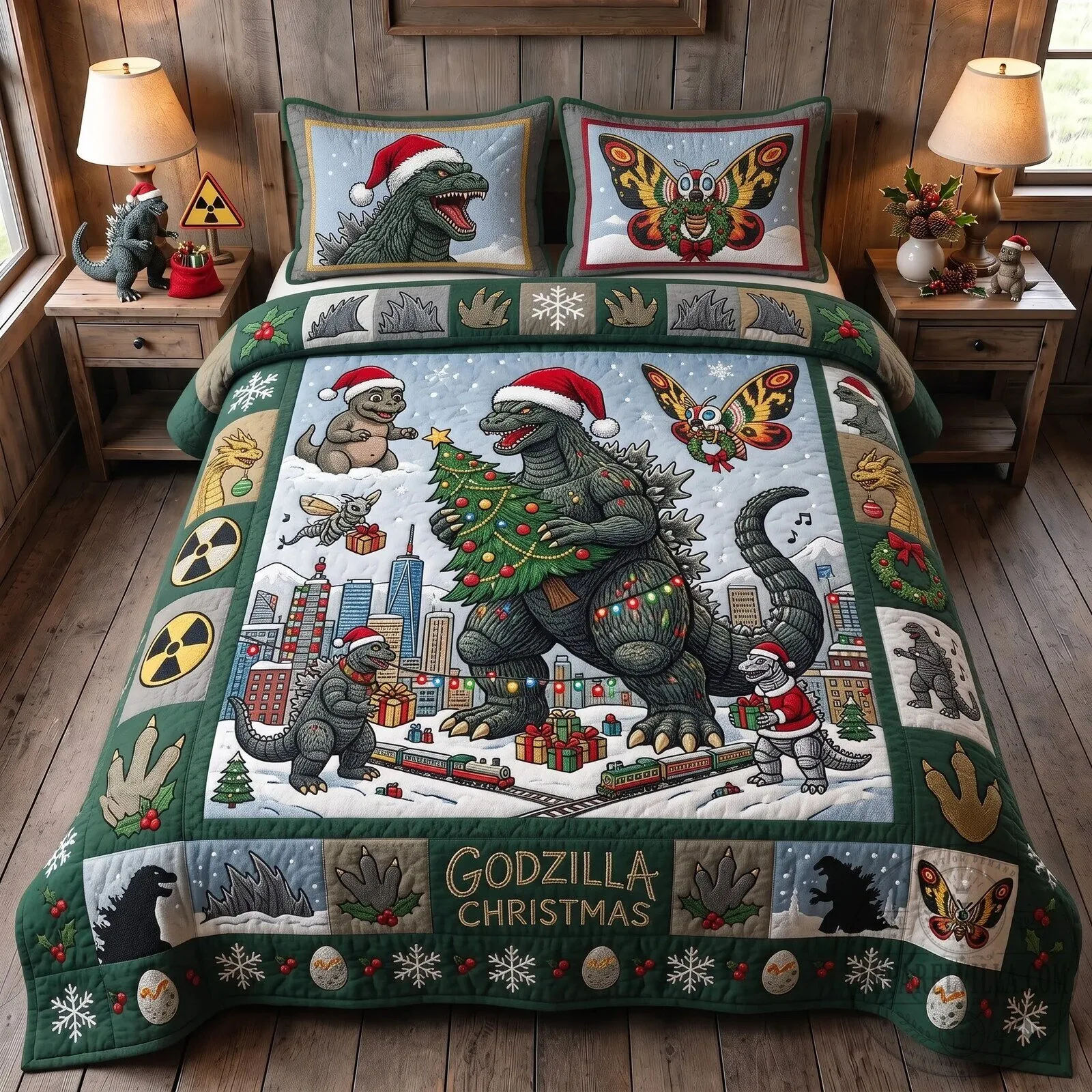 Godzilla Christmas Holiday Monster Quilted Bedding Set