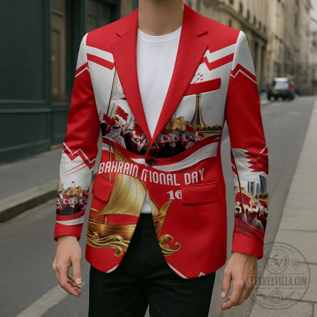 Bahrain National Day Celebration Red and White Flag Emblem Blazer Jacket 14 Bahrain National Day Celebration Red and White Flag Emblem Blazer Jacket