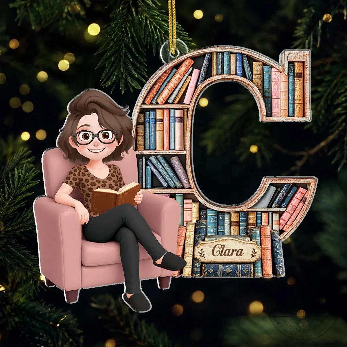 Personalized Book Lover Initial Ornament, Custom Reading Girl Christmas Tree Decor