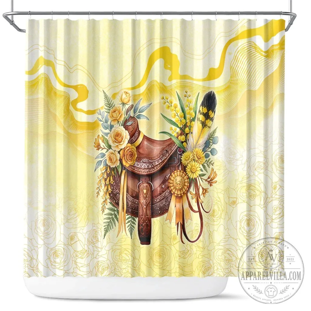 Equestrian Horse Saddle Yellow Rose Floral Wattle Flowers Shower Curtain