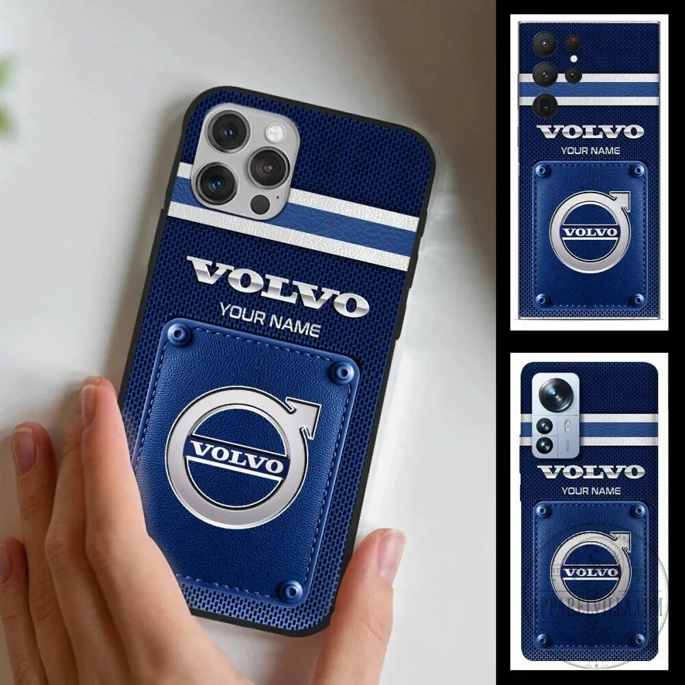 Volvo Car Logo Custom Name Blue Stripe Design Protective Phone Case