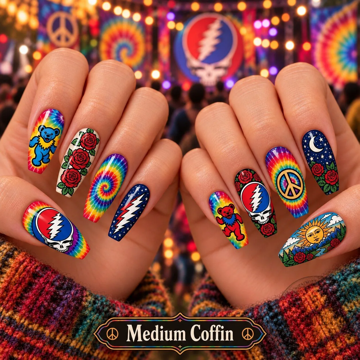 Grateful Dead Psychedelic Tie Dye Dancing Bear Press-On Nails Set