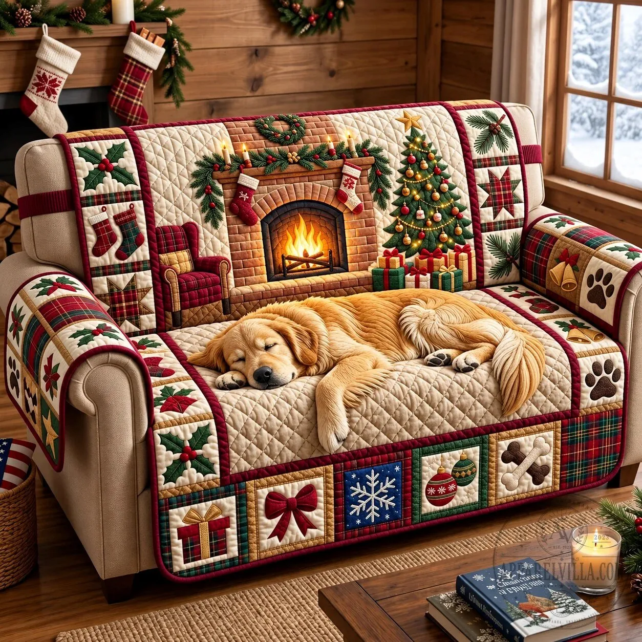 Christmas Golden Retriever Sleeping Quilted Sofa Cover