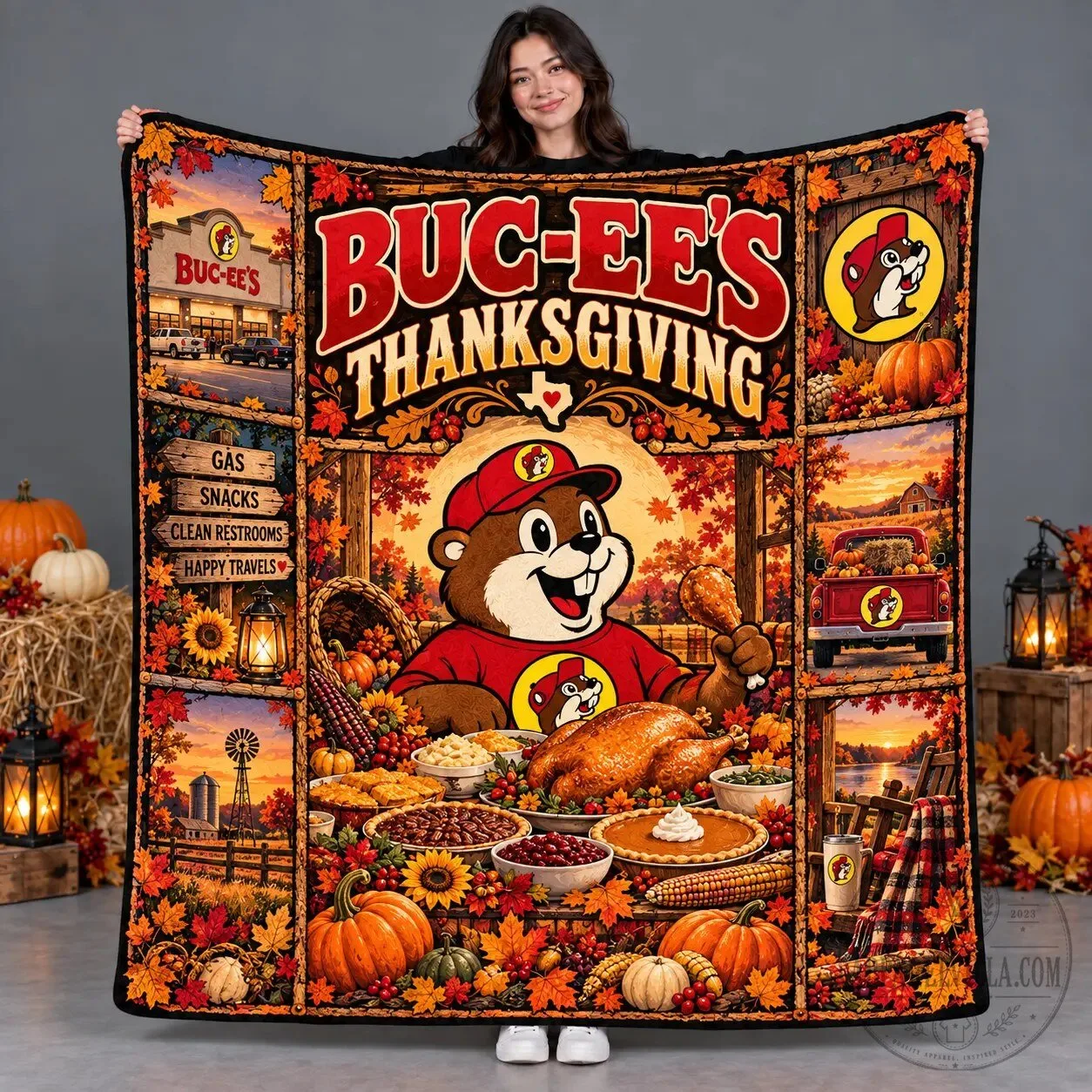 Buc-ee's Thanksgiving Gather and Give Thanks Fleece Blanket for Warm Family Road Trips