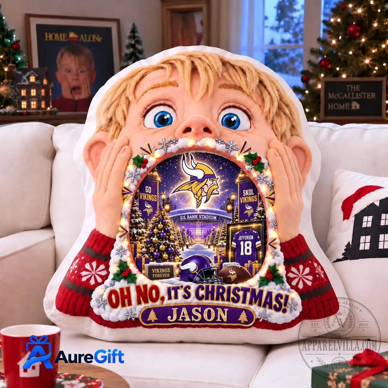 Minnesota Vikings Home Alone Christmas Kevin McCallister Personalized Pillow