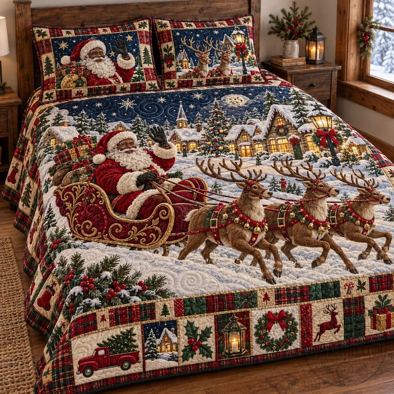 Christmas Snowy Village Santa Sleigh Reindeer Quilted Bedding Set
