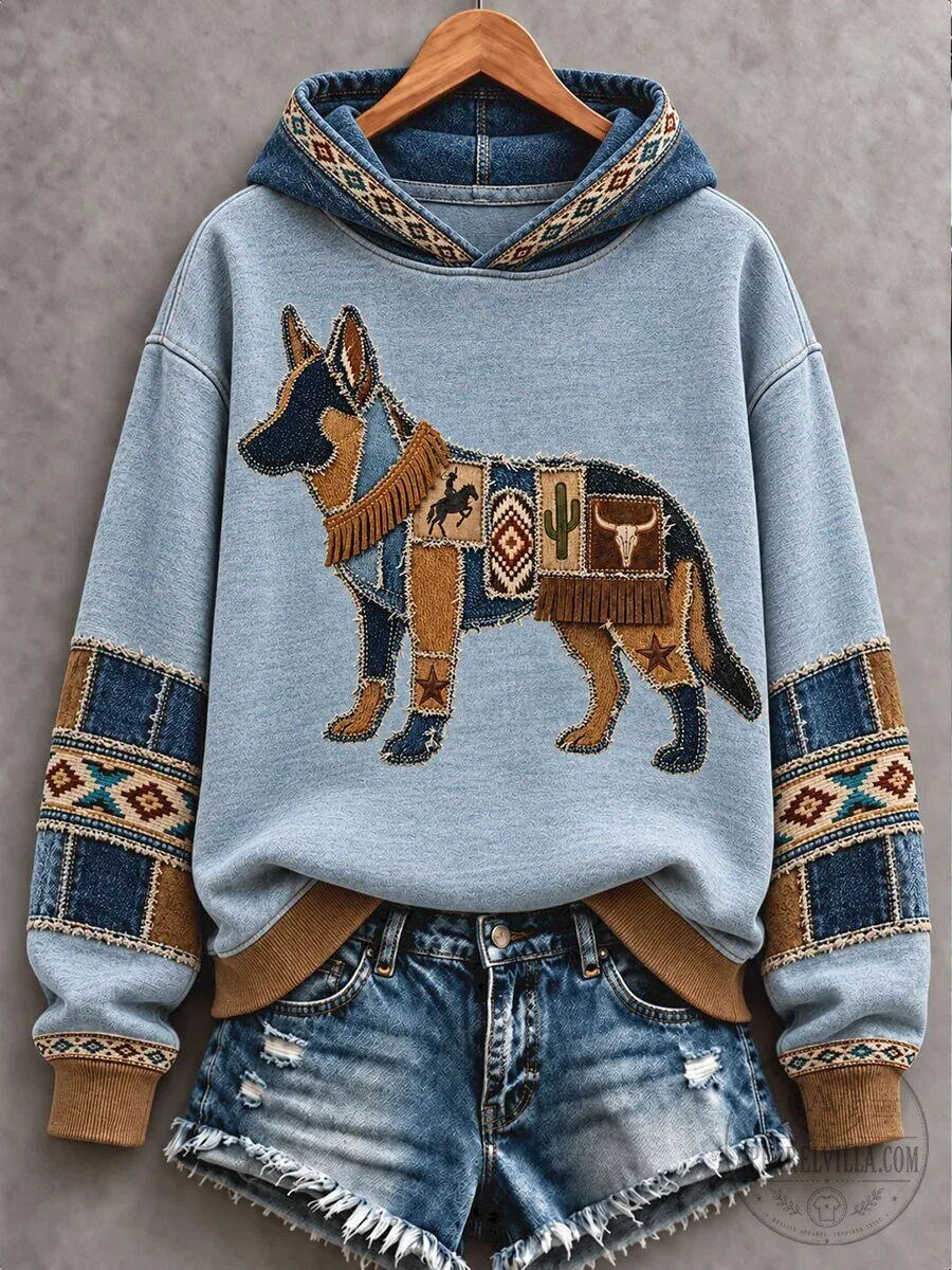German Shepherd Dog Patchwork Western Style Hoodie for Women