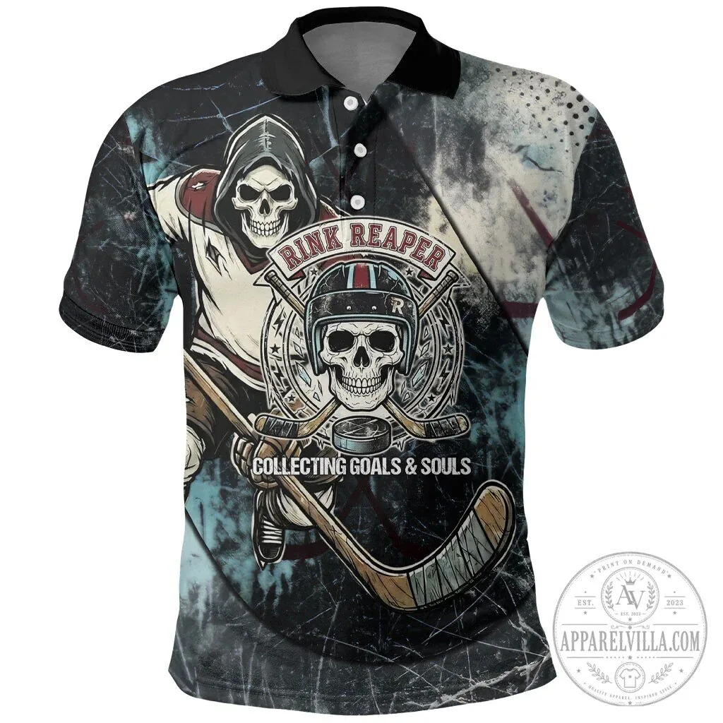 Skeleton Hockey Player Collecting Goals and Souls Polo Shirt by Rink Reaper