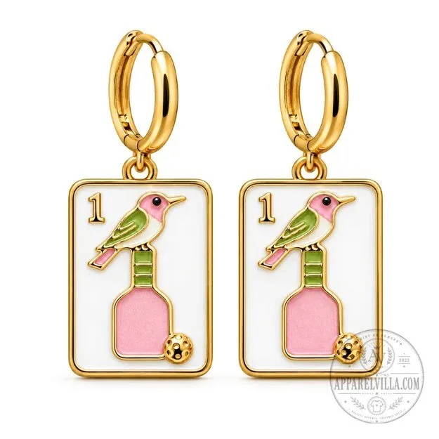 Mahjong Bird Tile Dangle Earrings, Gold Plated Enamel Jewelry Gift