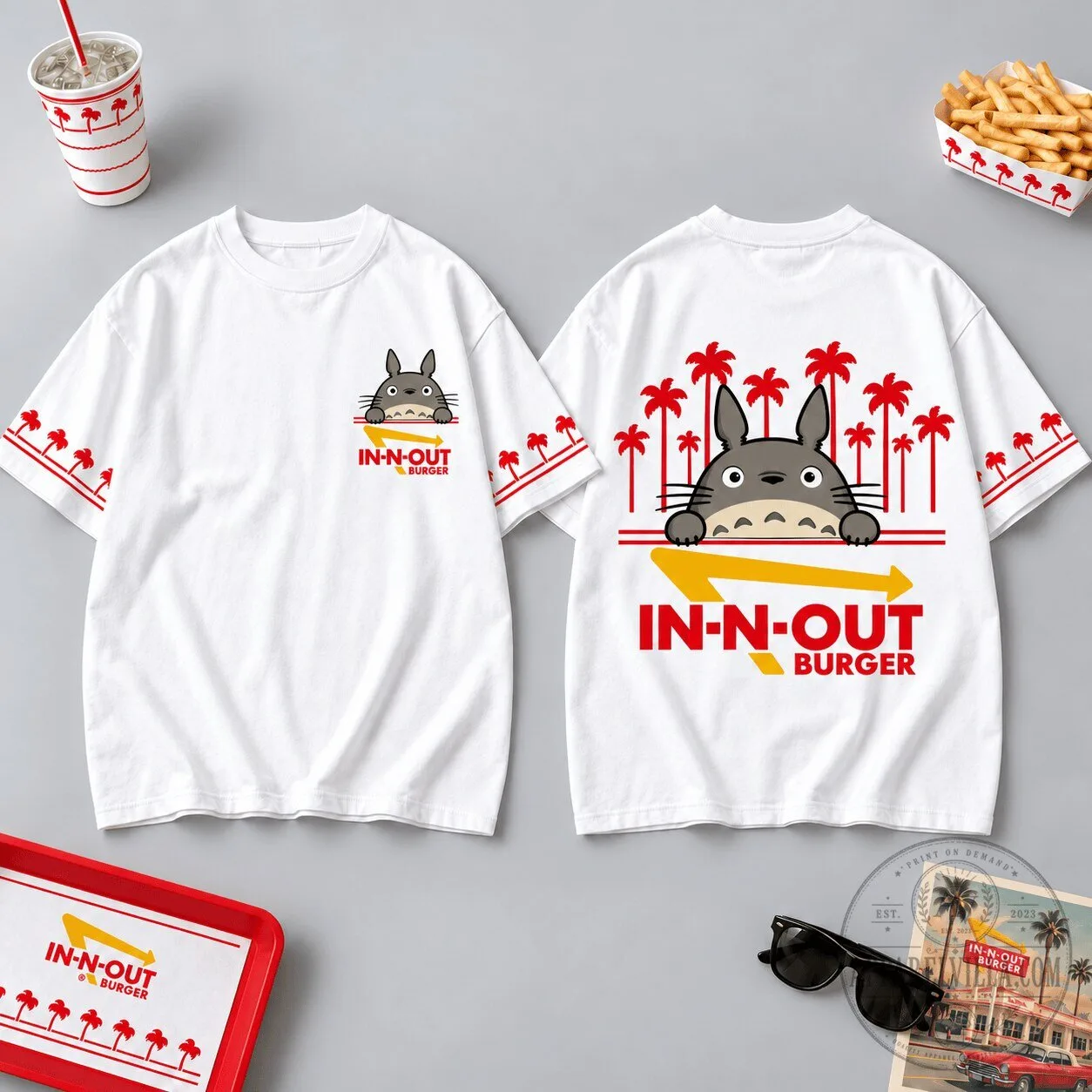 White T-Shirt with Palm Tree Graphic featuring My Neighbor Totoro and In-N-Out Burger