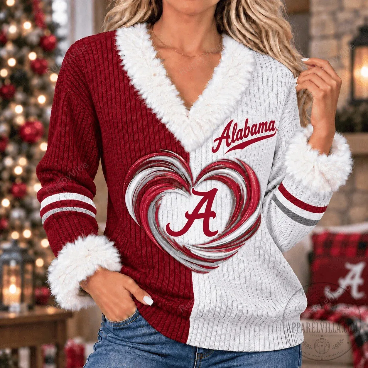 Alabama Crimson Tide Faux Fur Trim V-Neck Pullover Sweater