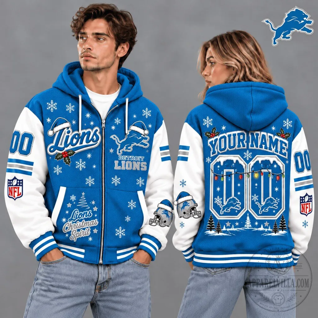 Detroit Lions Christmas Spirit Custom Name Number Zip Hoodie