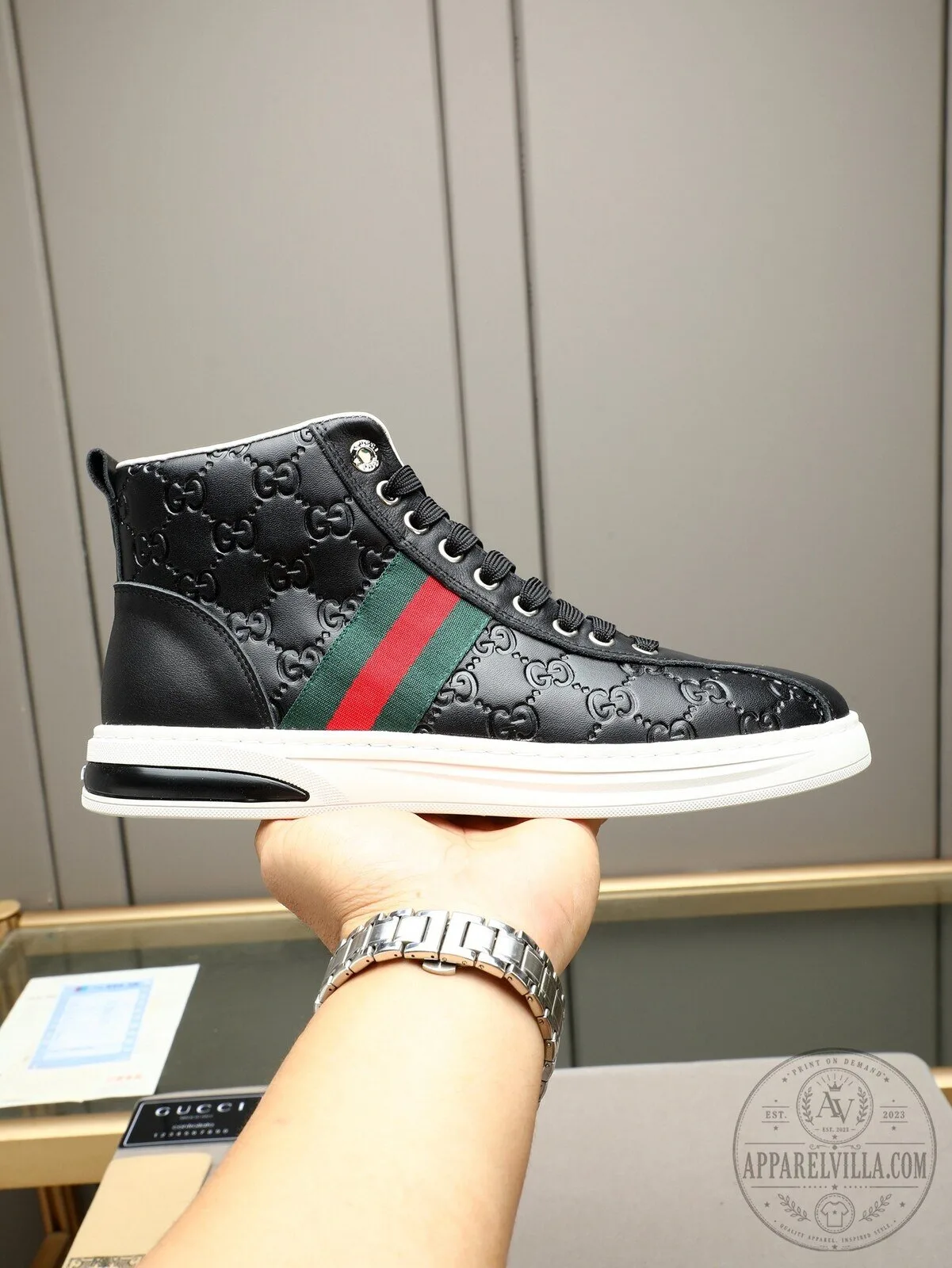 Gucci Black High-Top Sneakers with Signature Red and Green Stripe