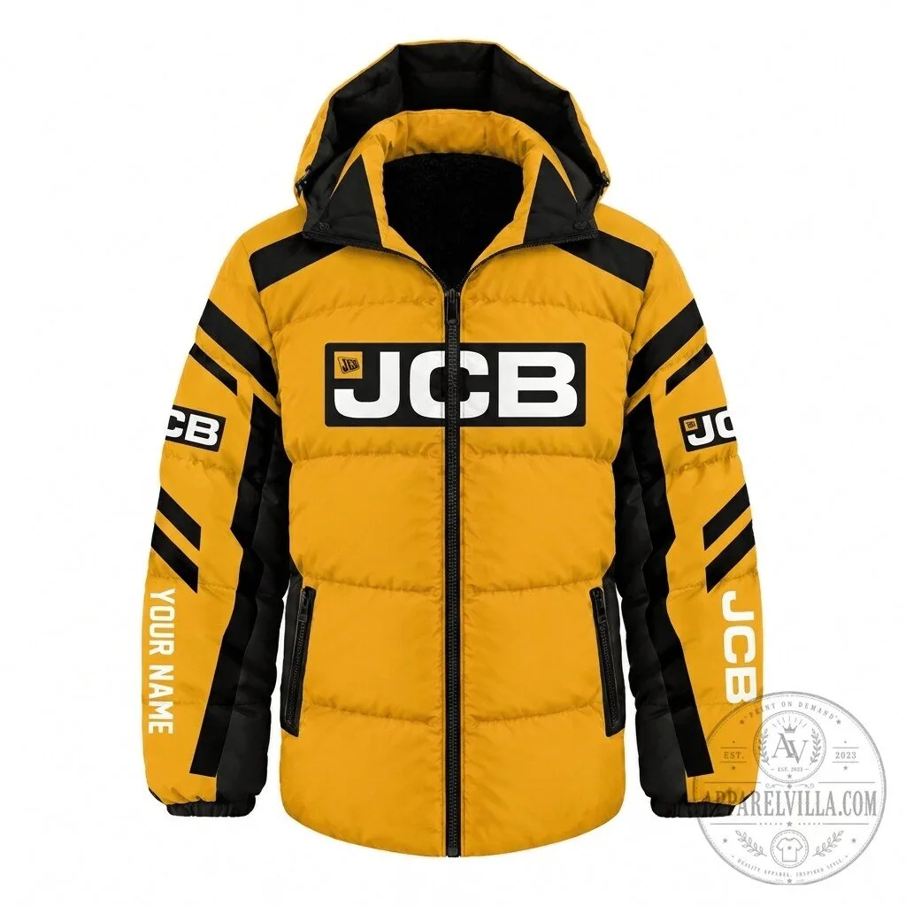 JCB Tractor Equipment Yellow and Black Custom Name Puffer Jacket
