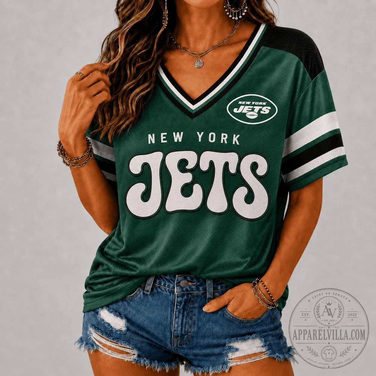 New York Jets Vintage Groovy V-Neck Football Jersey for Women