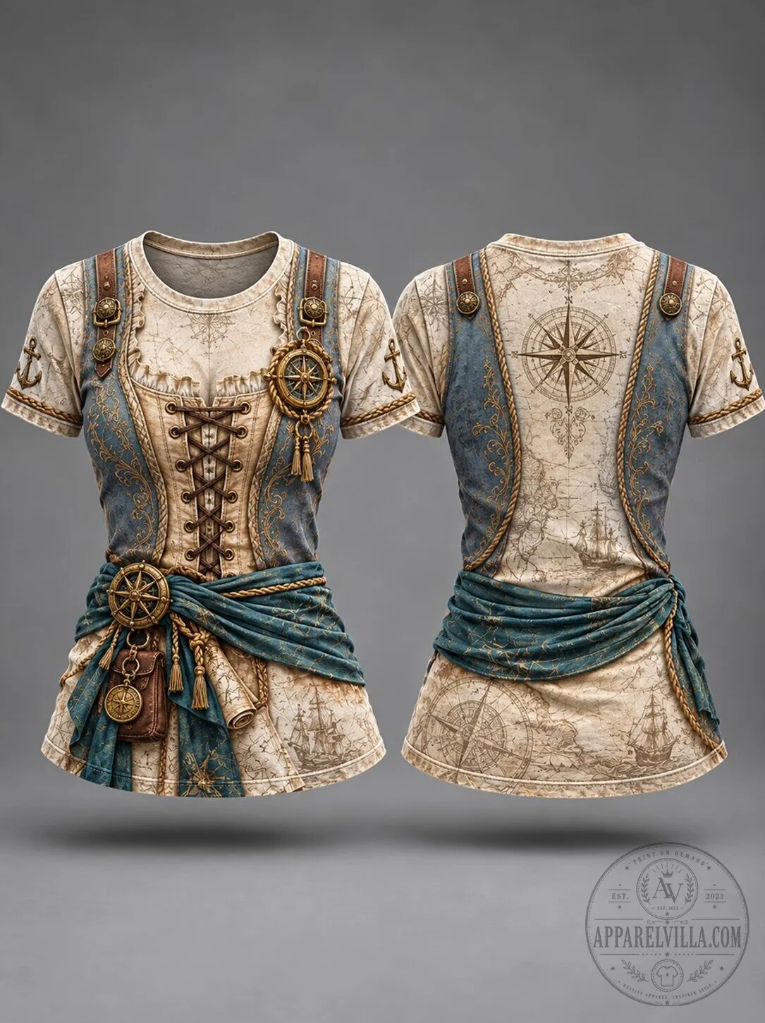 Vintage Pirate Art Graphic Women's Renaissance Steampunk Costume T-Shirt