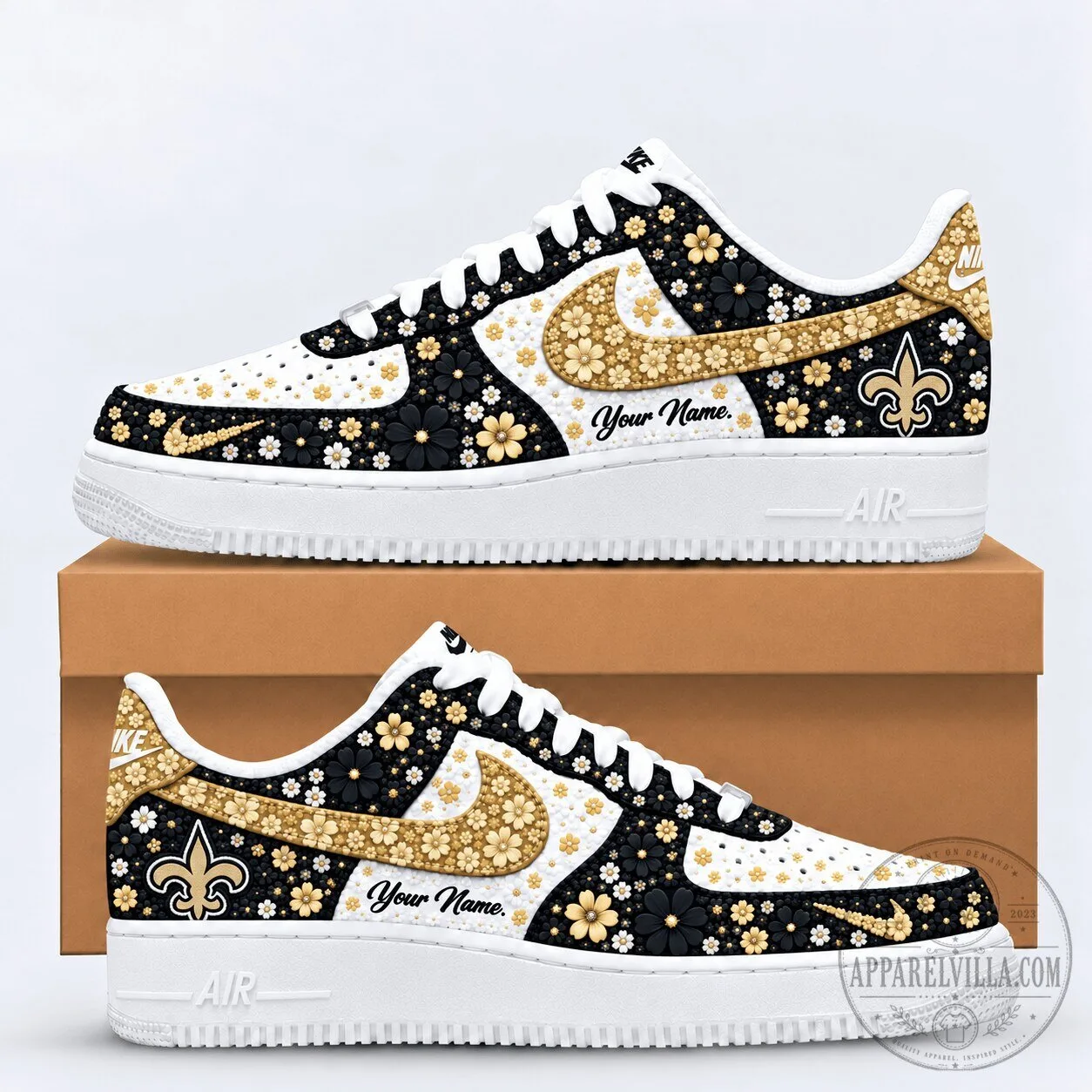 New Orleans Saints Floral Heritage Custom Name Black and Gold Shoes