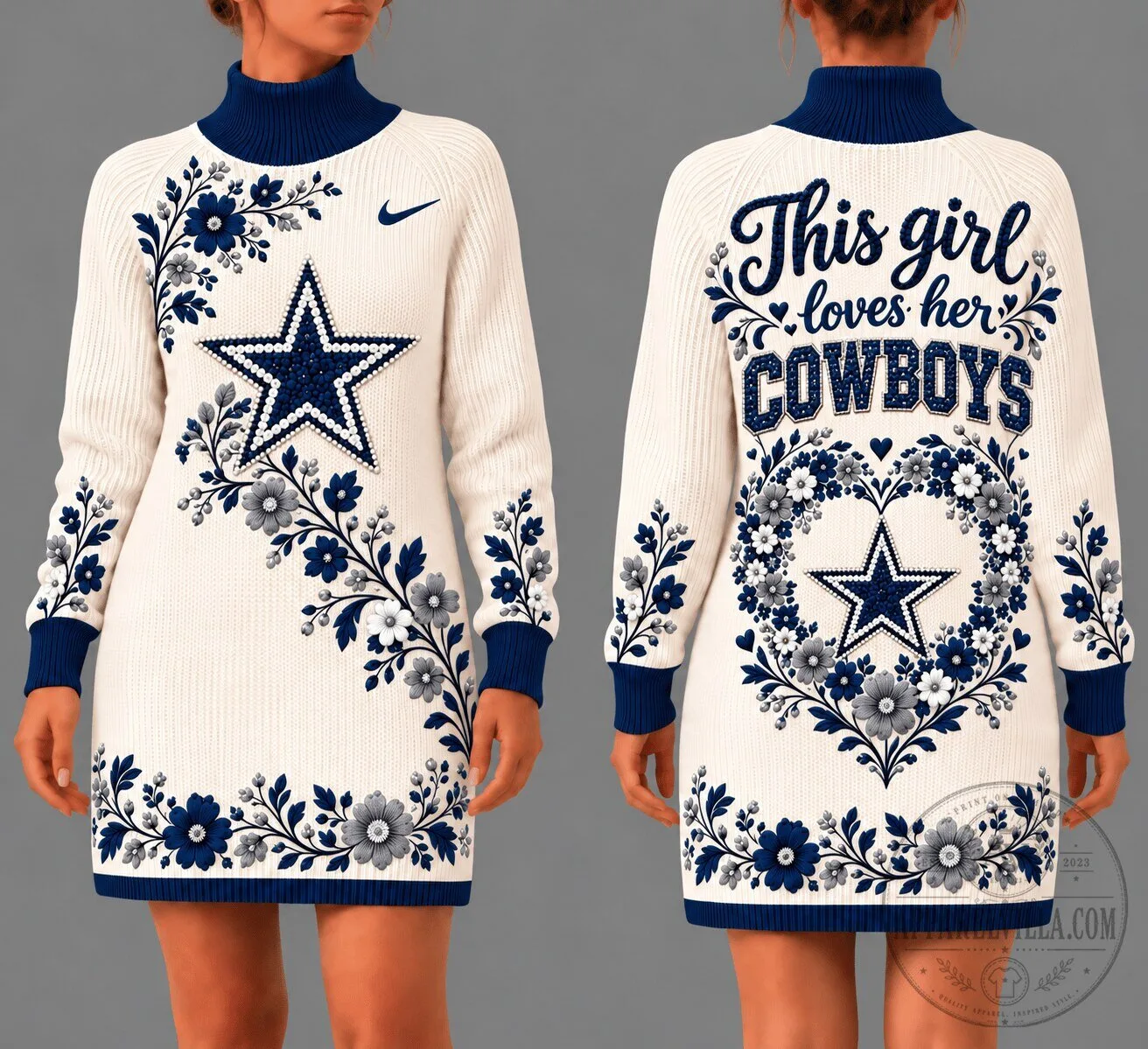 Dallas Cowboys Floral Heart Sweater Dress for Women, "This Girl Loves Her Cowboys"