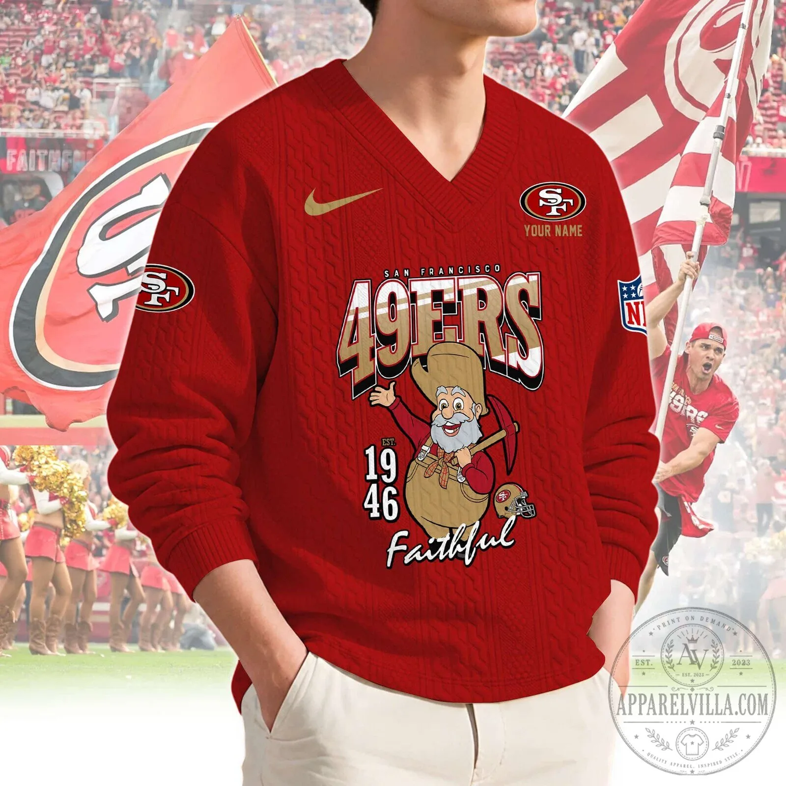 San Francisco 49ers Christmas Faithful Gold Miner Red Knit Sweater