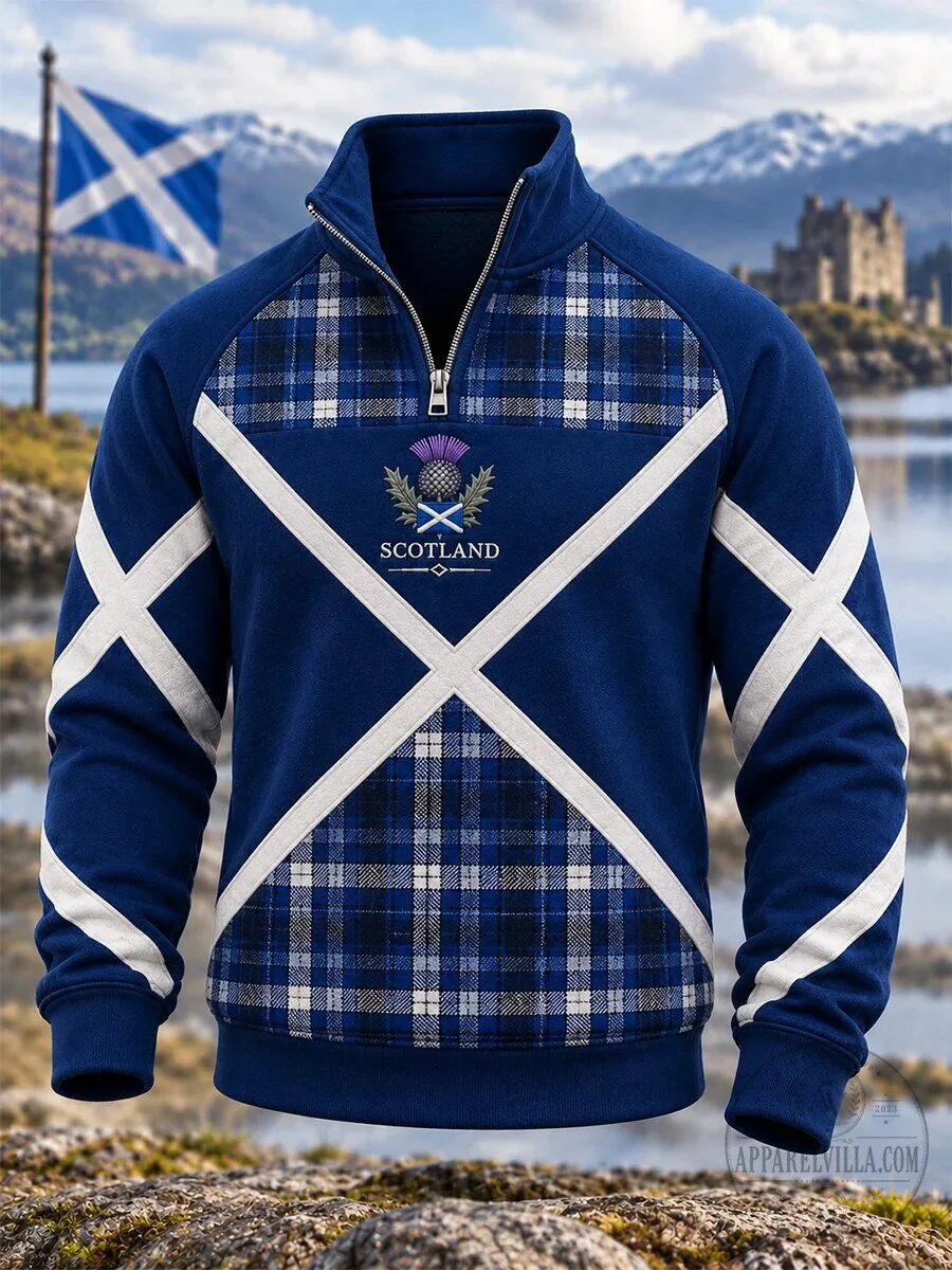 Scotland Thistle Emblem Royal Blue Plaid Pattern Quarter-Zip Sweatshirt