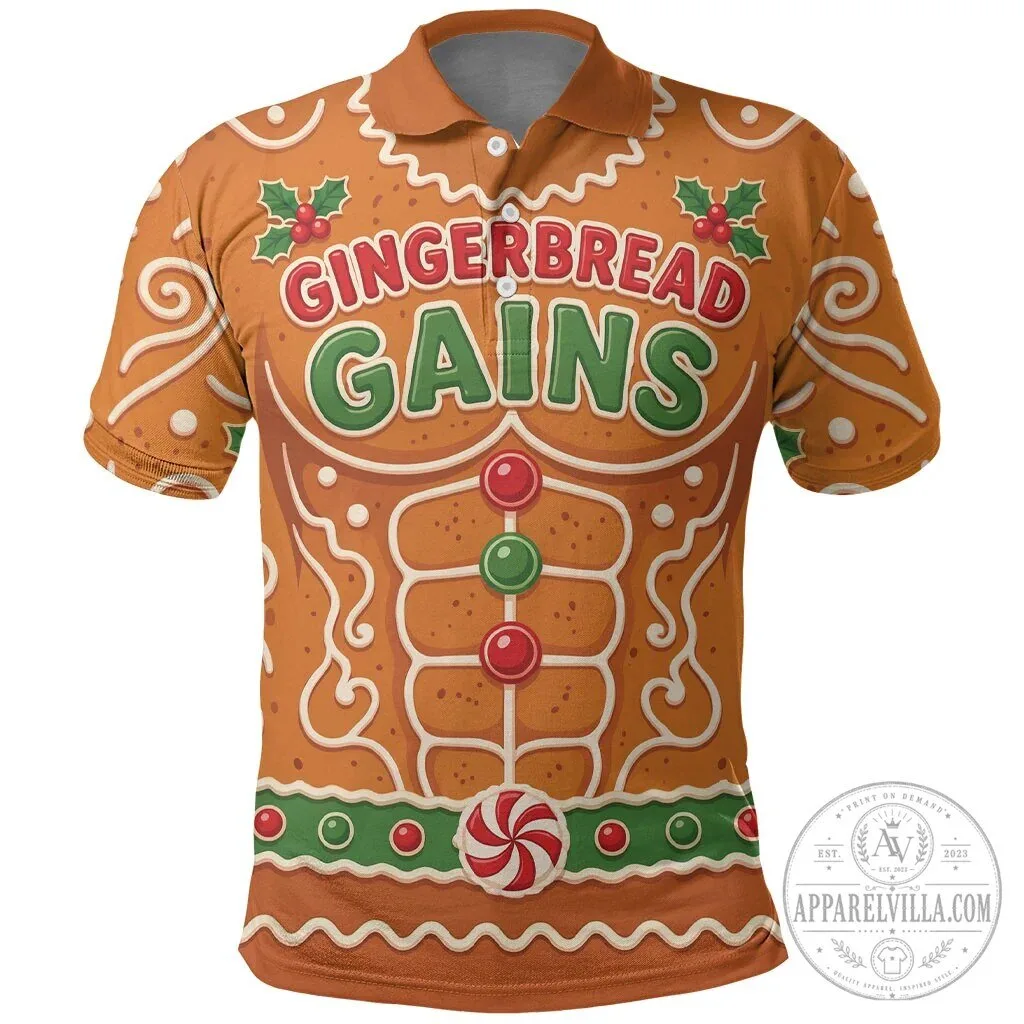 Funny Gingerbread Man Gains Bodybuilder Christmas Polo Shirt