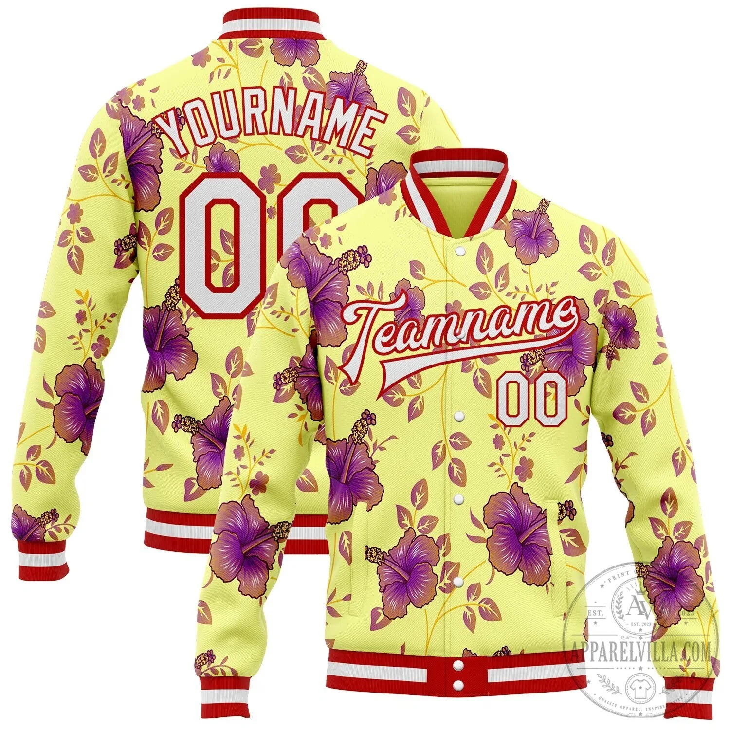 Custom Yellow Hawaiian Hibiscus Floral Pattern Varsity Jacket with Red Trim
