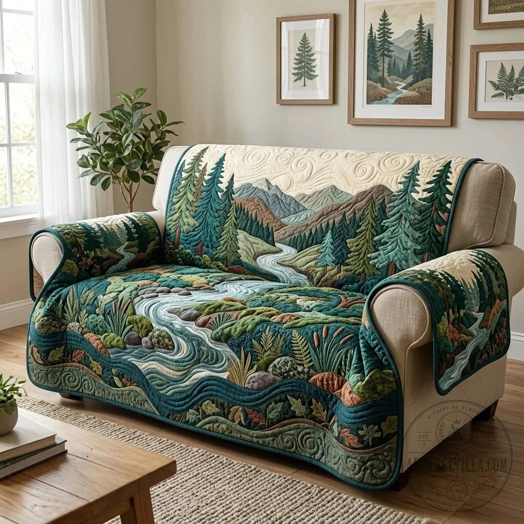 Woodland River Gorge Landscape Quilted Sofa Cover