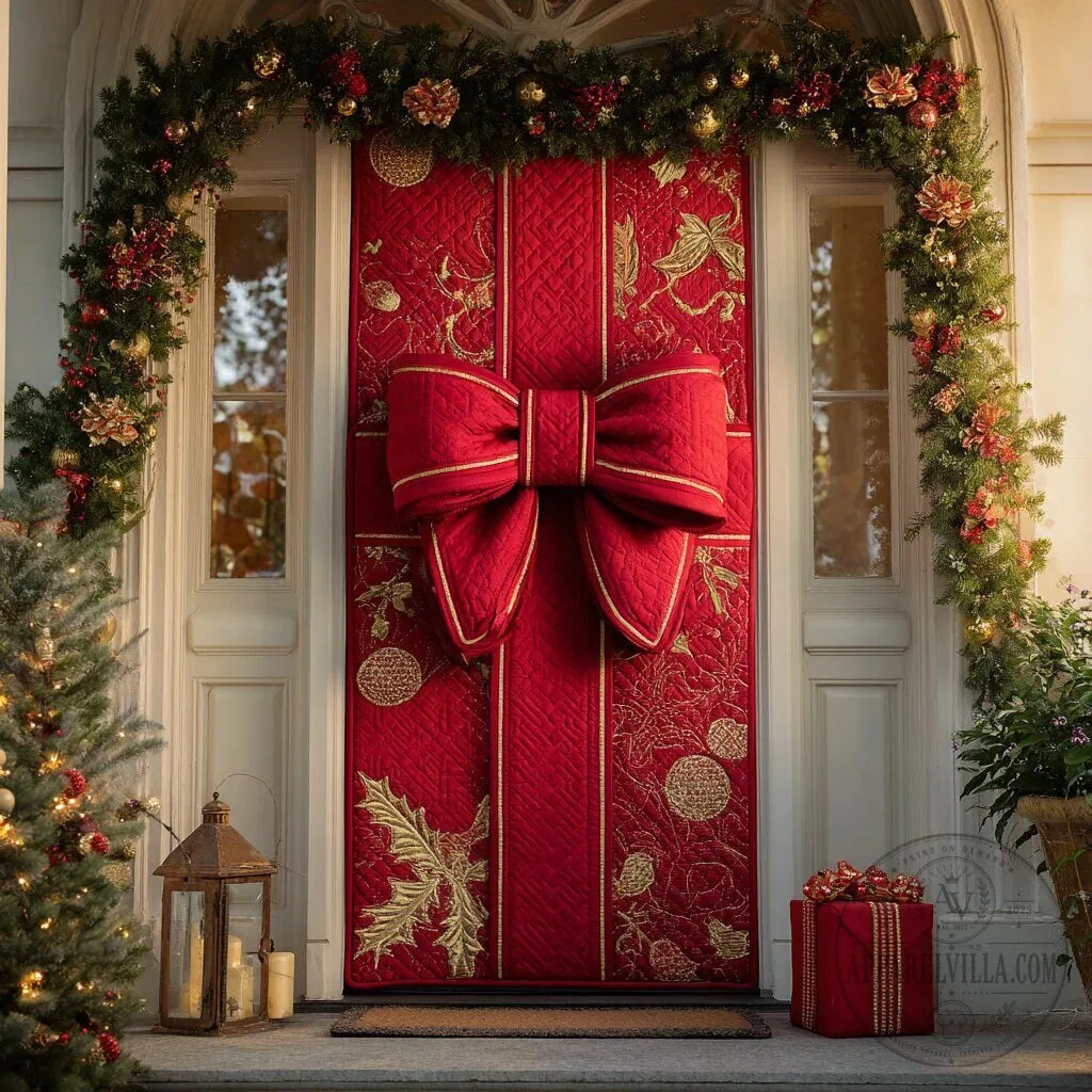 Christmas Red Velvet Bow Quilted Door Cover Holiday Front Door Decoration