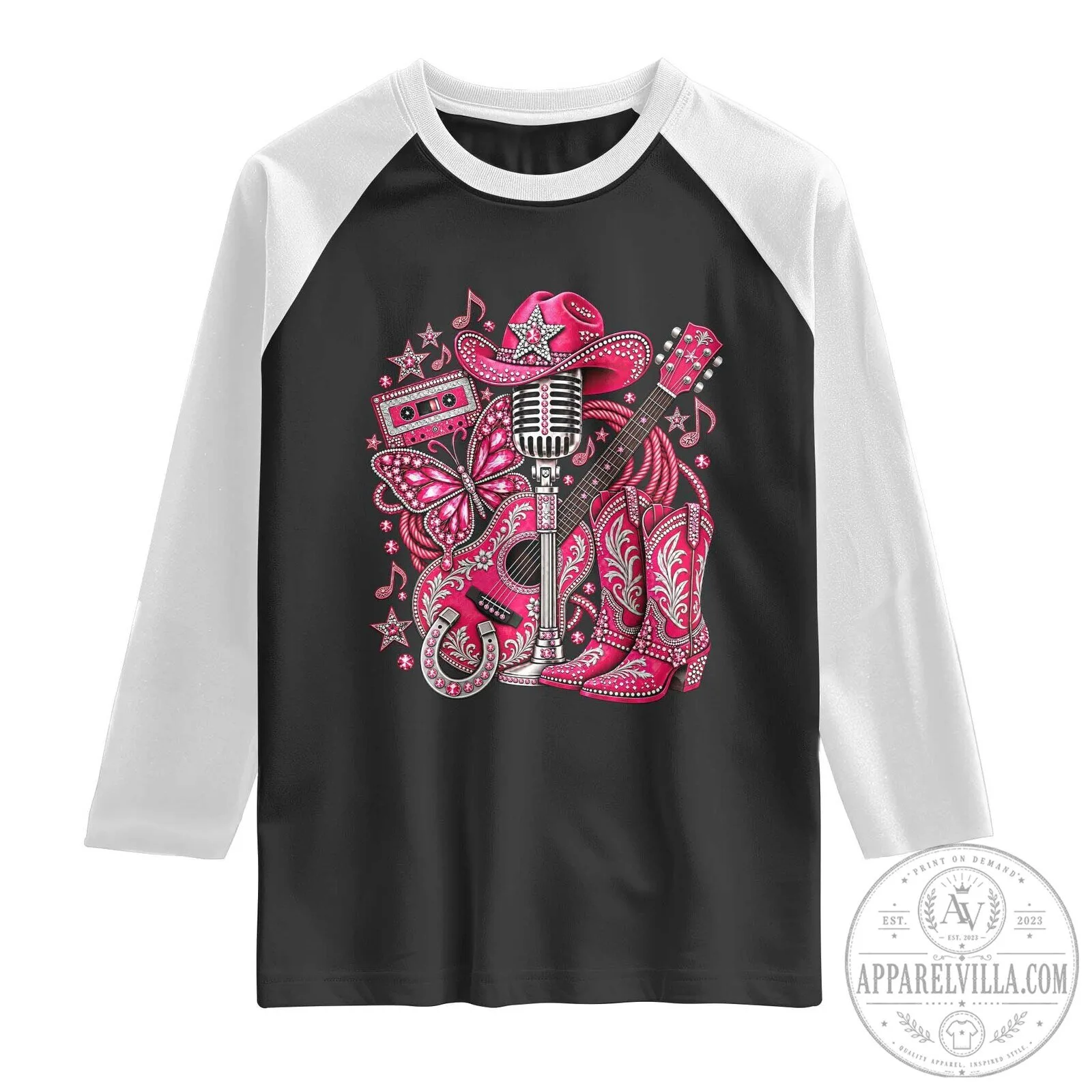 Pink Glam Cowgirl Shirt with Boots and Guitar Country Music Long-Sleeve