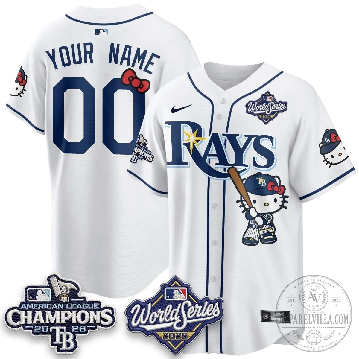 American League Champions World Series Baseball Jersey featuring Tampa Bay Rays and Hello Kitty