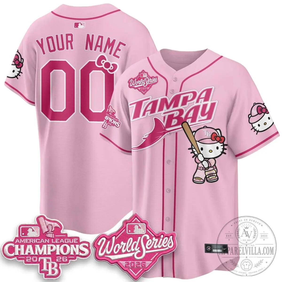 American League Champions World Series Baseball Jersey featuring Tampa Bay Rays and Hello Kitty 9 American League Champions World Series Baseball Jersey featuring Tampa Bay Rays and Hello Kitty