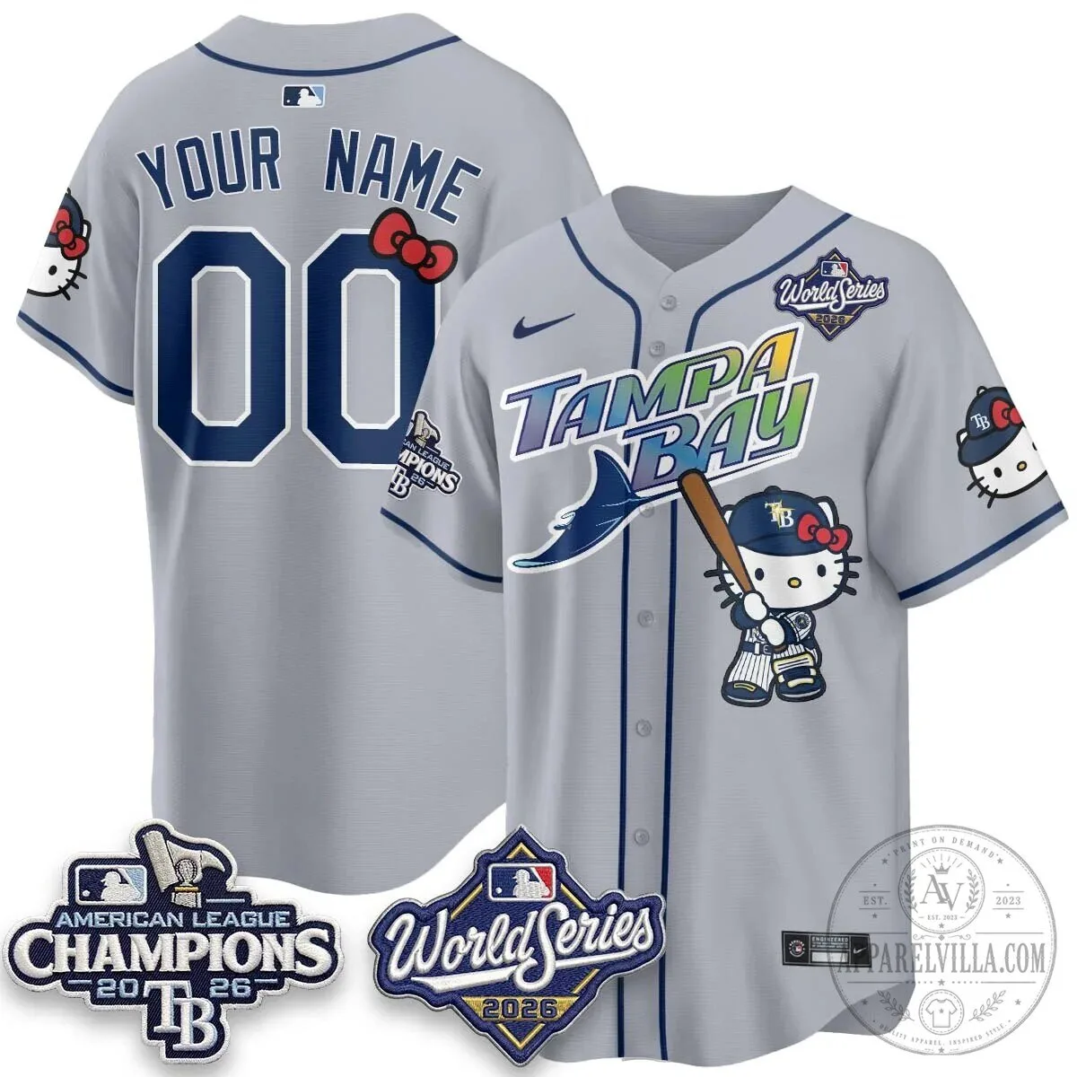 American League Champions World Series Baseball Jersey featuring Tampa Bay Rays and Hello Kitty 12 American League Champions World Series Baseball Jersey featuring Tampa Bay Rays and Hello Kitty