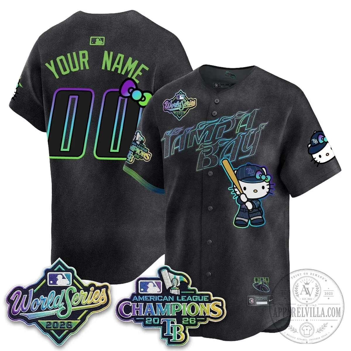 American League Champions World Series Baseball Jersey featuring Tampa Bay Rays and Hello Kitty 13 American League Champions World Series Baseball Jersey featuring Tampa Bay Rays and Hello Kitty