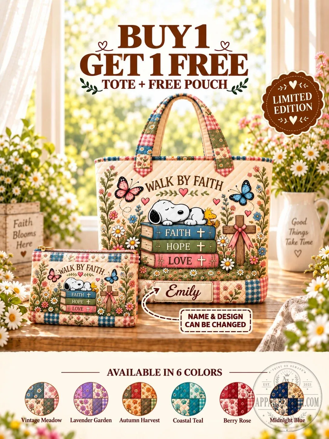 Snoopy Walk By Faith Quilted Tote Bag with Personalized Name and Pouch