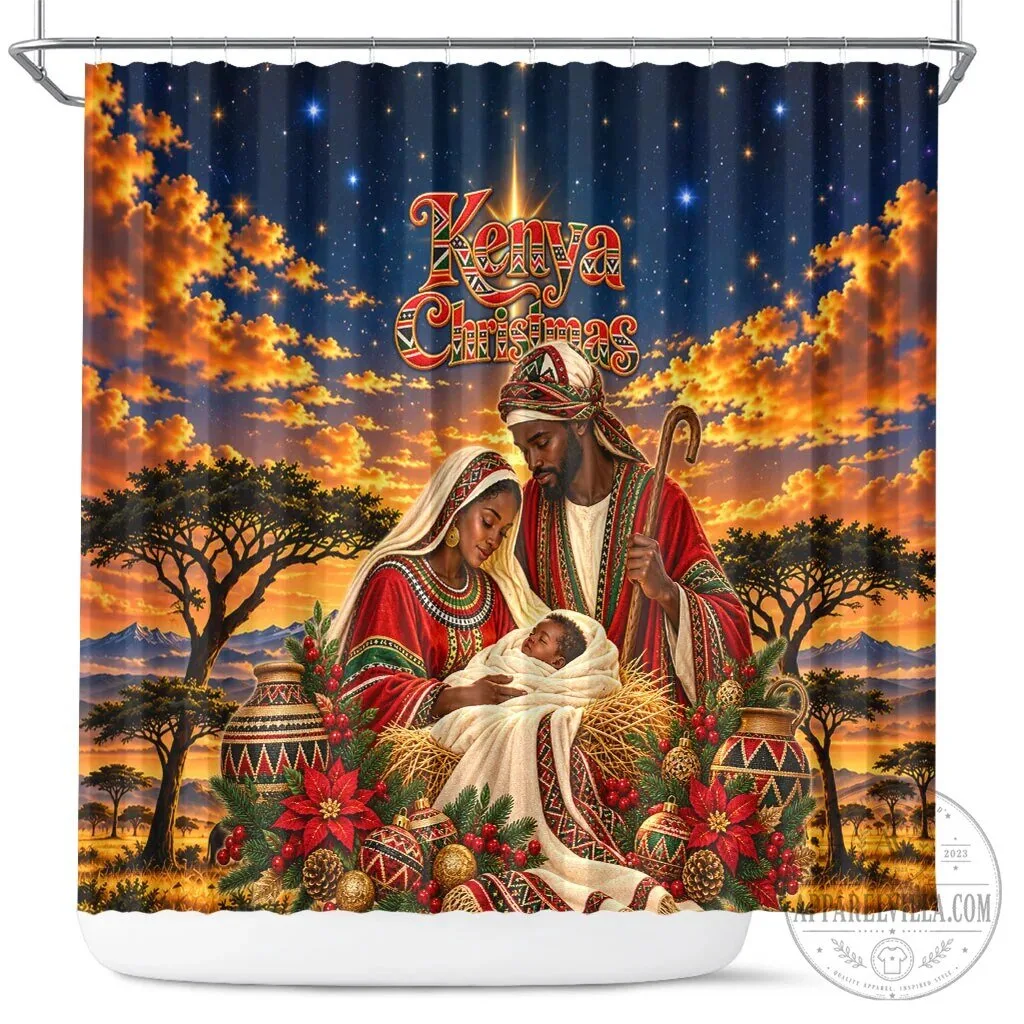 Kenya Christmas African Holy Family Savanna Sunset Shower Curtain