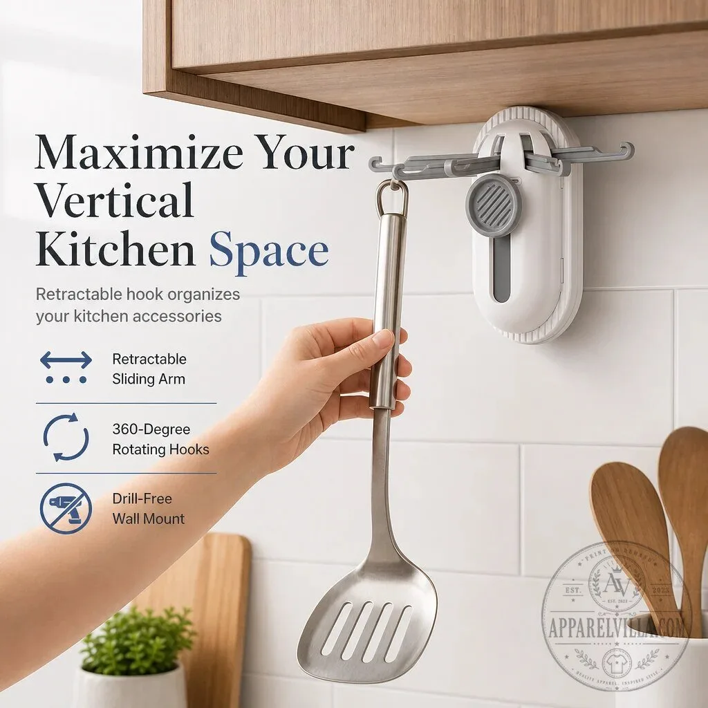 Rotating Kitchen Utensil Rack with Retractable Hooks, Drill-Free Wall Mount