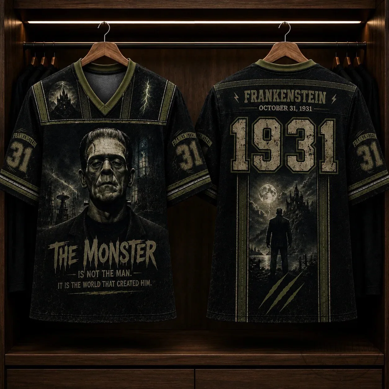 Frankenstein Monster Halloween Horror Movie V-Neck Jersey Shirt 8 Frankenstein Monster Halloween Horror Movie V-Neck Jersey Shirt