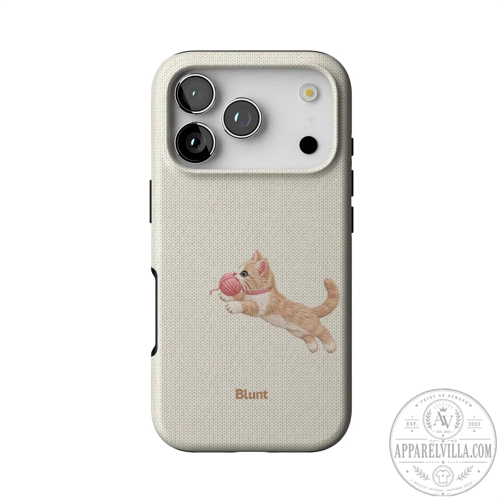 Cream iPhone Case Featuring a Playful Kitten with a Yarn Ball